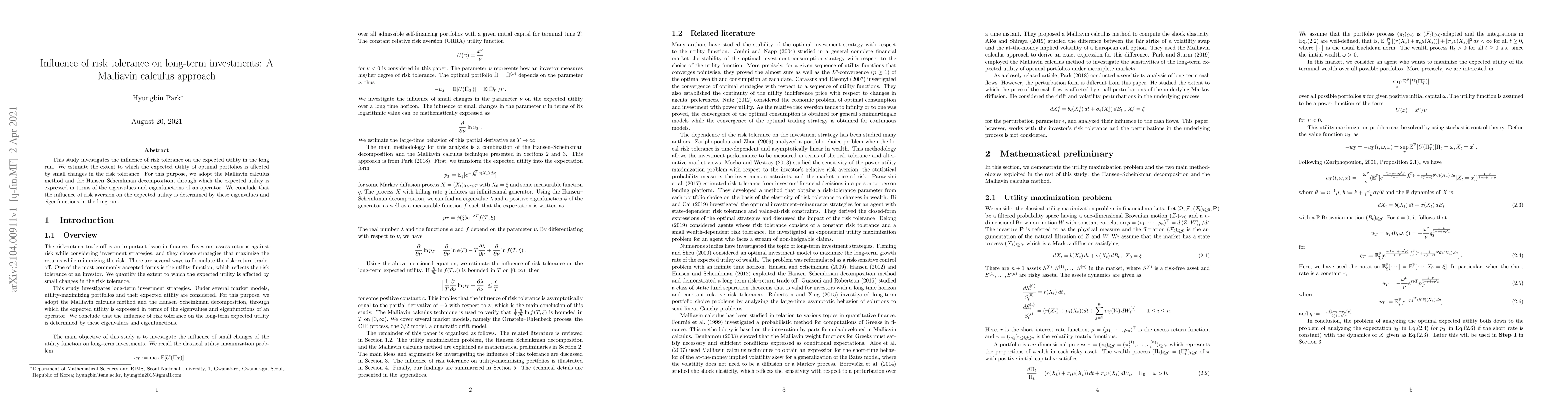 Thumbnail for Influence of risk tolerance on long-term investments: A Malliavin
  calculus approach