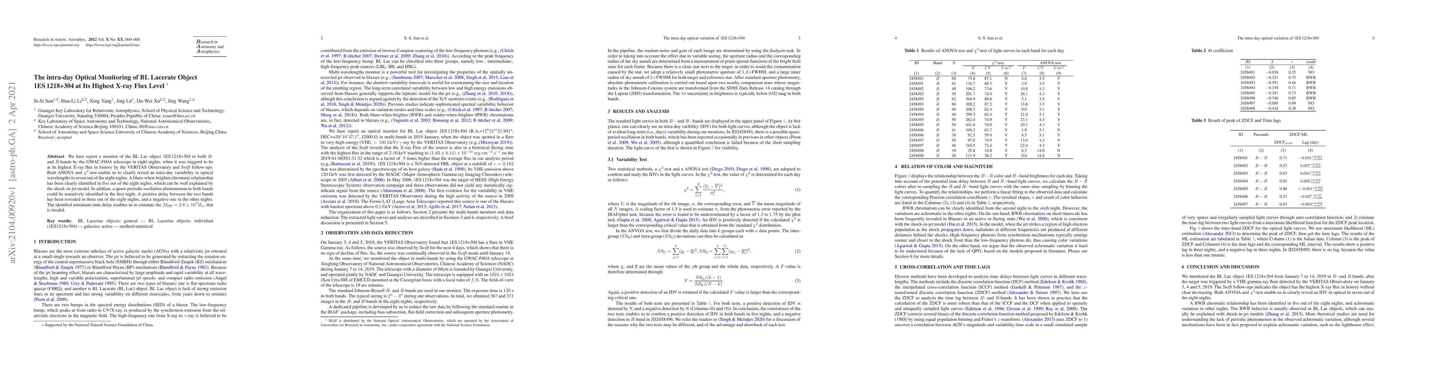Thumbnail for The intra-day Optical Monitoring of BL Lacerate Object 1ES 1218+304 at
  Its Highest X-ray Flux Level