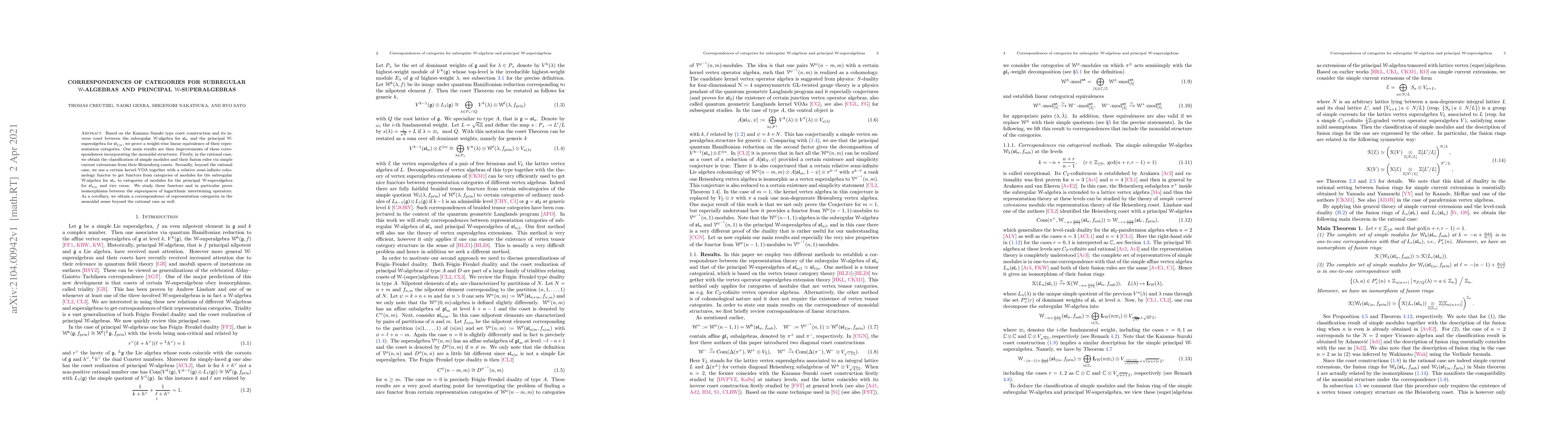 Thumbnail for Correspondences of categories for subregular W-algebras and principal
  W-superalgebras
