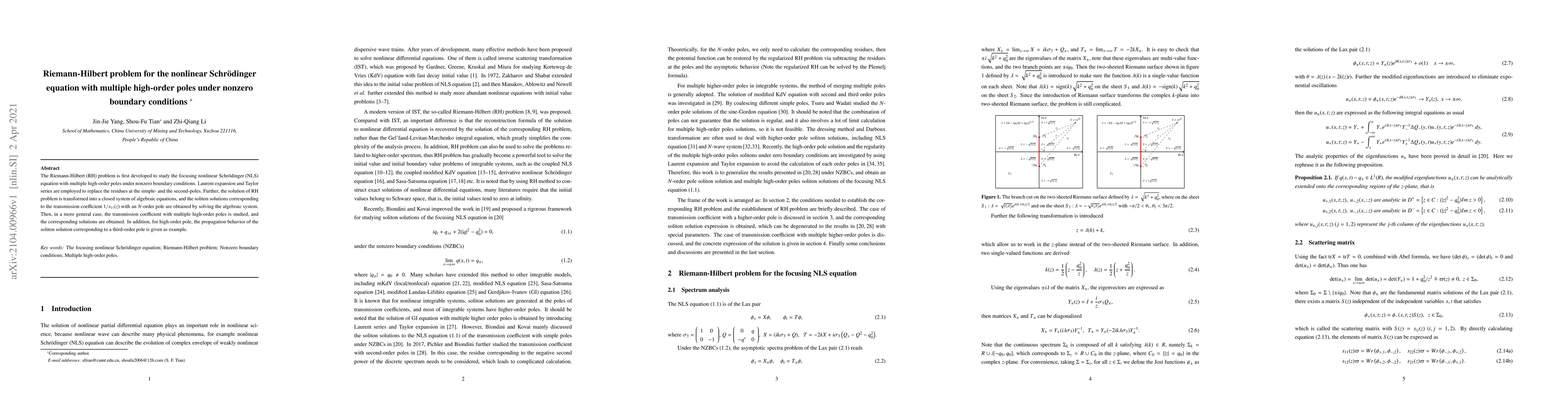 Thumbnail for Riemann-Hilbert problem for the nonlinear Schr\"{o}dinger equation with
  multiple high-order poles under nonzero boundary conditions