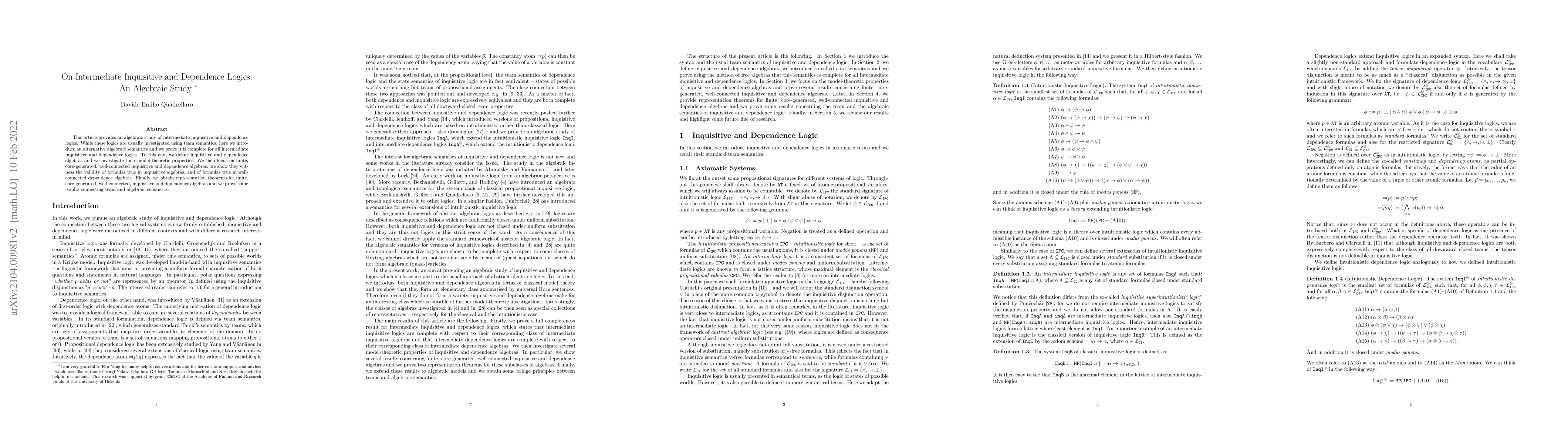 Thumbnail for On Intermediate Inquisitive and Dependence Logics: An Algebraic Study