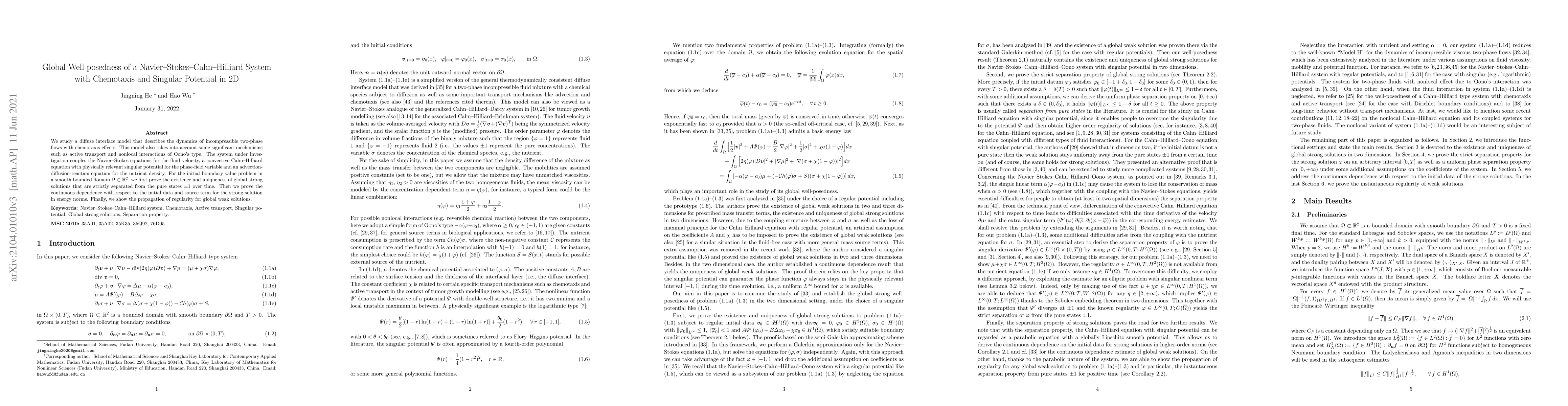 Thumbnail for Global Well-posedness of a Navier-Stokes-Cahn-Hilliard System with
  Chemotaxis and Singular Potential in 2D