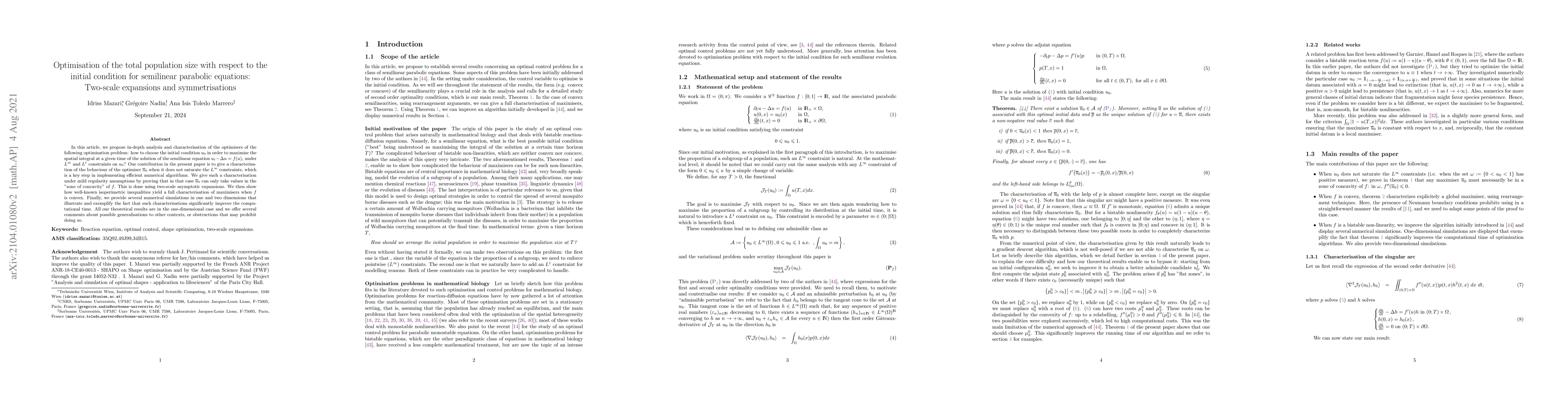 Thumbnail for Optimisation of the total population size with respect to the initial
  condition for semilinear parabolic equations: Two-scale expansions and
  symmetrisations