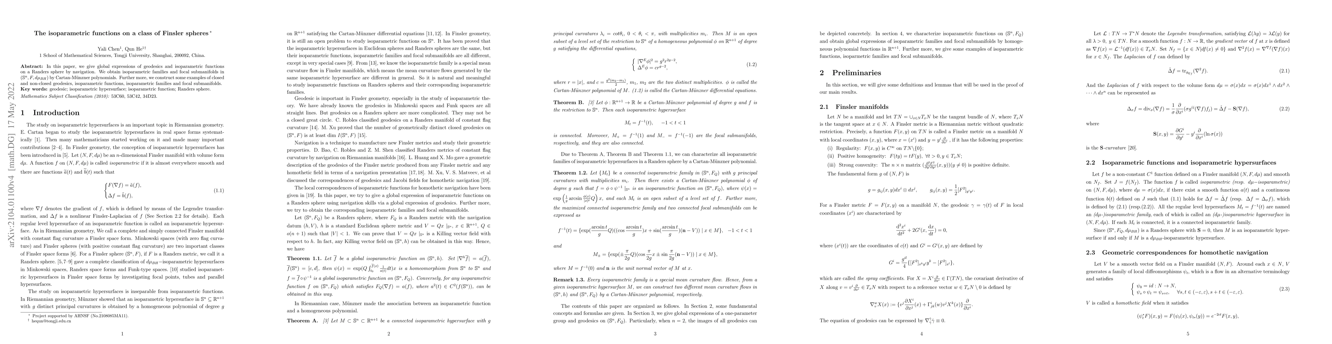 Thumbnail for The isoparametric functions on a class of Finsler spheres