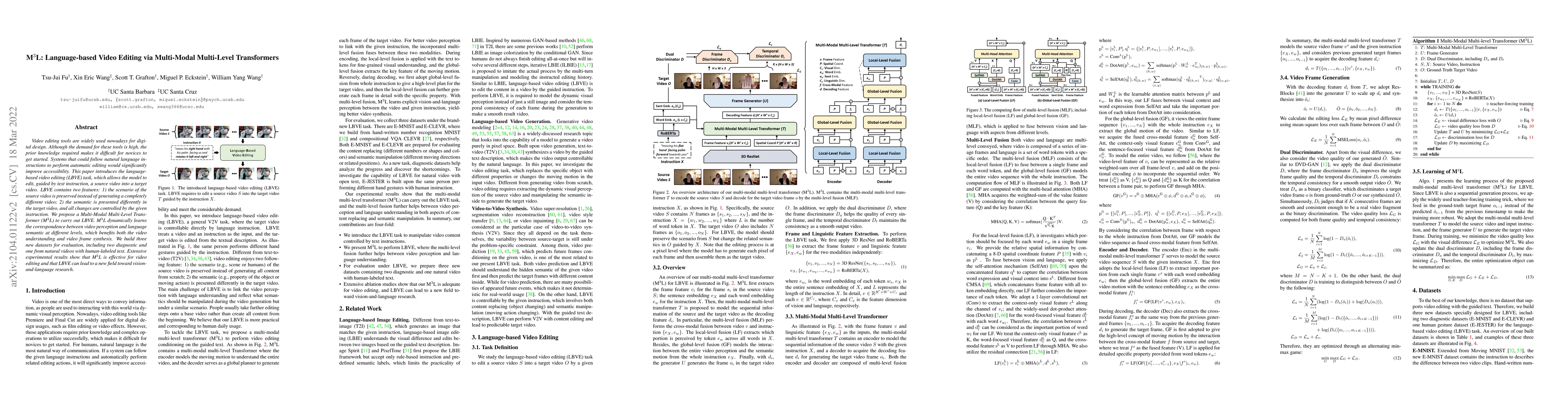 Thumbnail for M3L: Language-based Video Editing via Multi-Modal Multi-Level
  Transformers