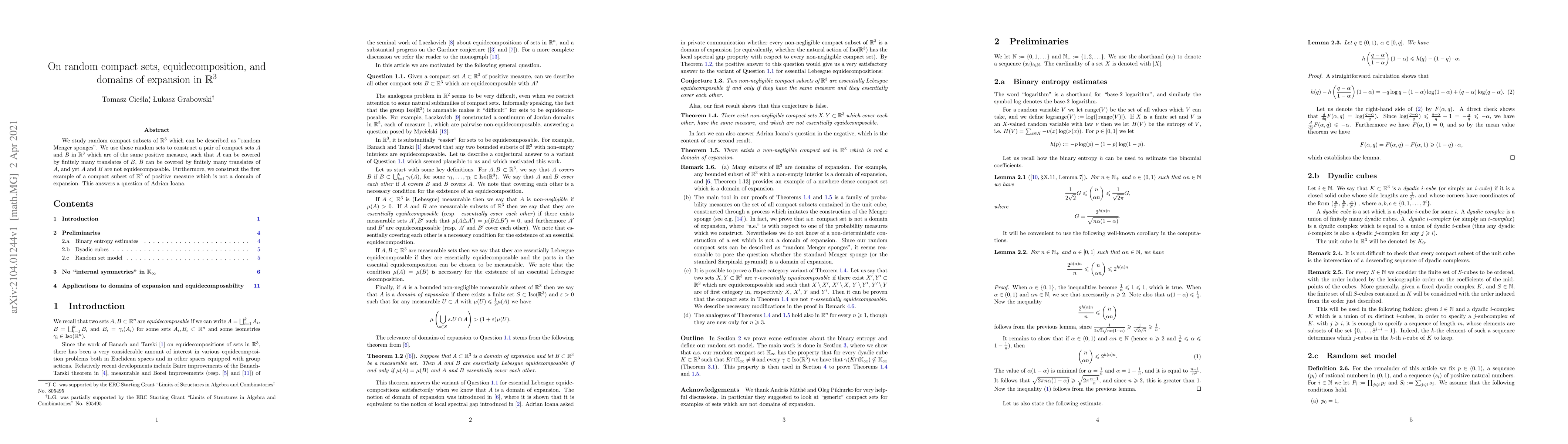 Thumbnail for On random compact sets, equidecomposition, and domains of expansion in
  R^3
