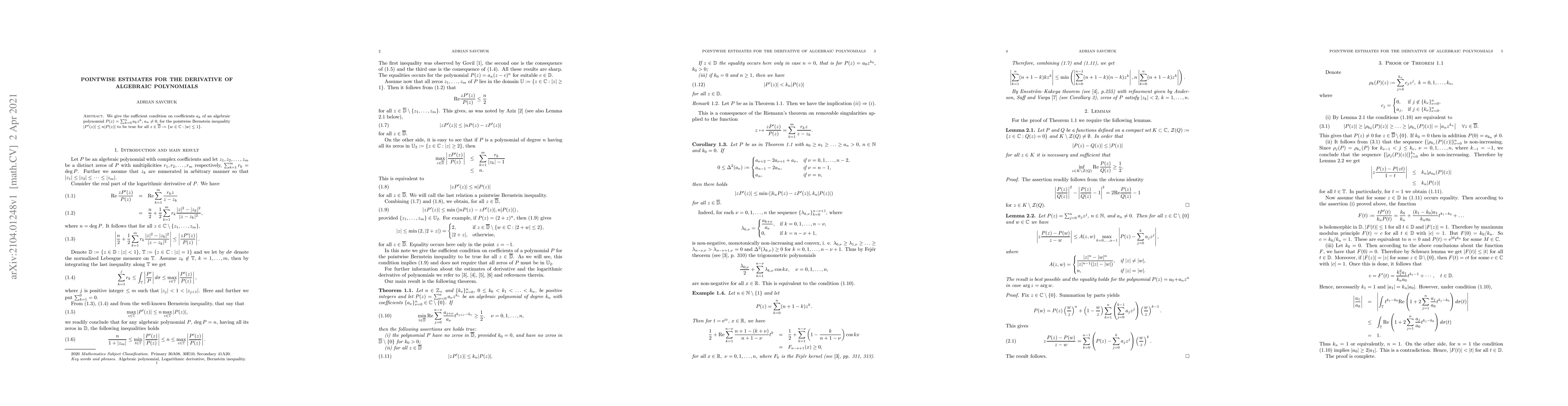 Thumbnail for Pointwise estimates for the derivative of algebraic polynomials