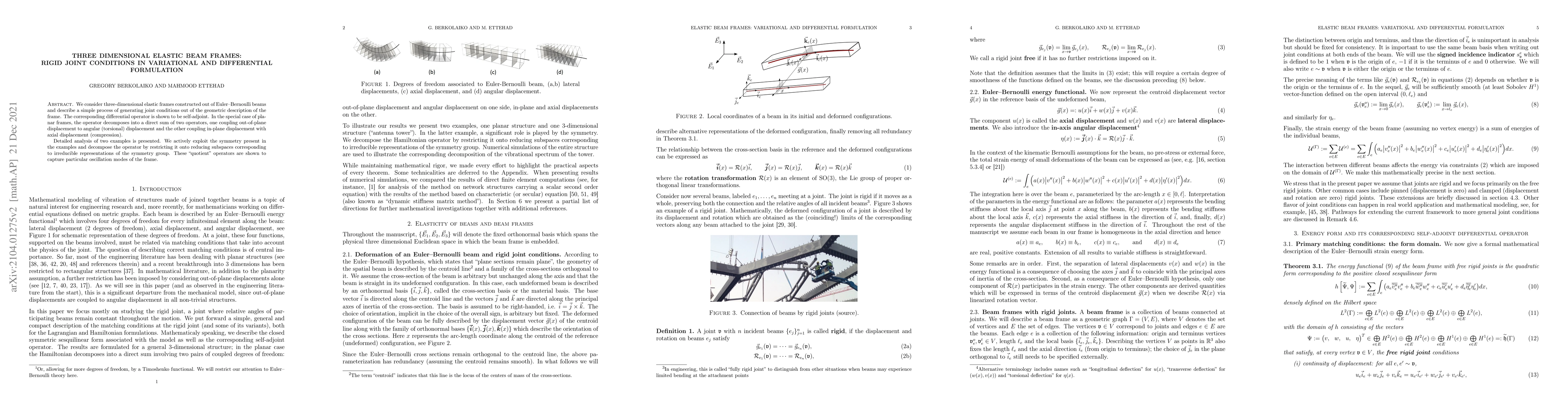 Thumbnail for Three dimensional elastic beam frames: rigid joint conditions in
  variational and differential formulation
