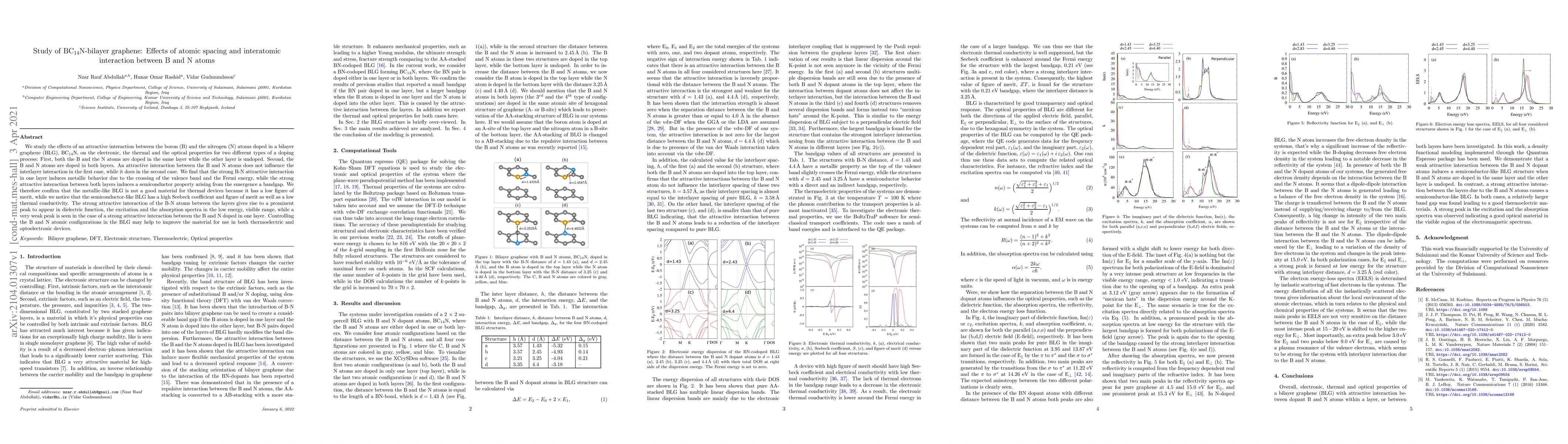 Thumbnail for Study of BC$_{14}$N-bilayer graphene: Effects of atomic spacing and
  interatomic interaction between B and N atoms
