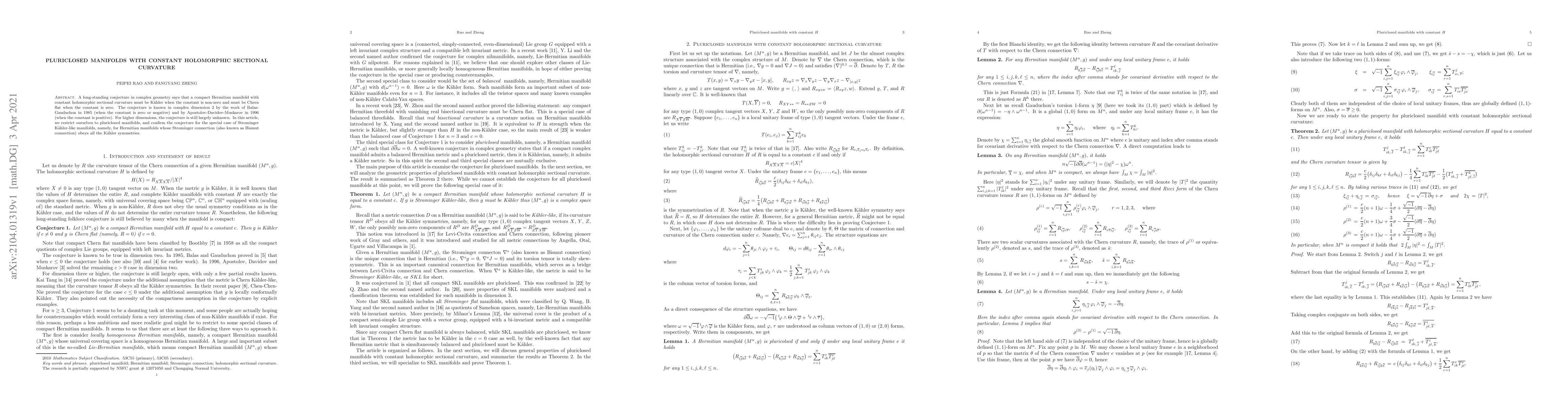 Thumbnail for Pluriclosed manifolds with constant holomorphic sectional curvature
