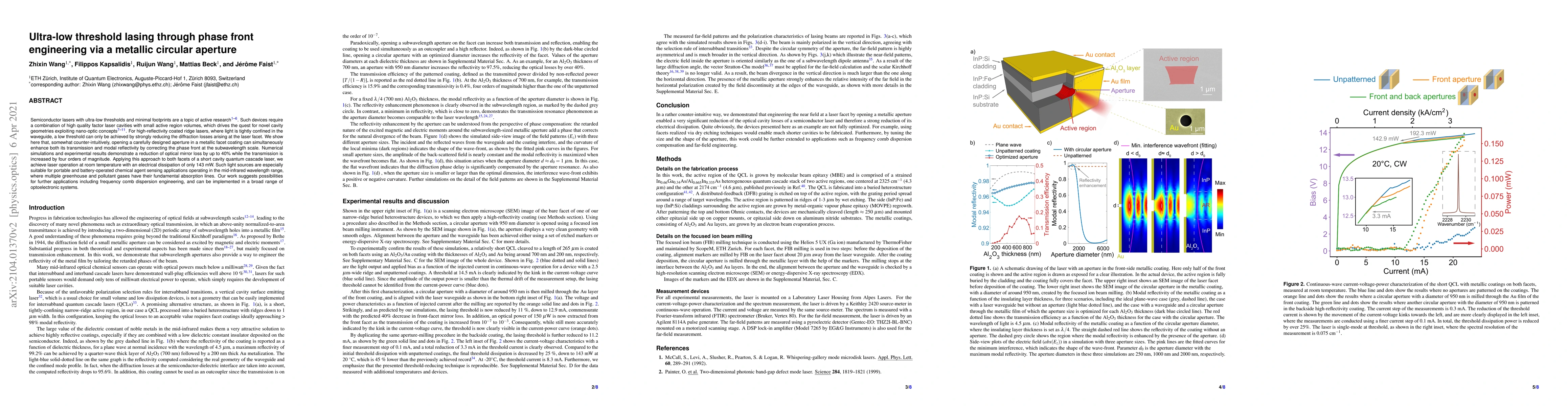Thumbnail for Ultra-low threshold lasing through phase front engineering via a
  metallic circular aperture