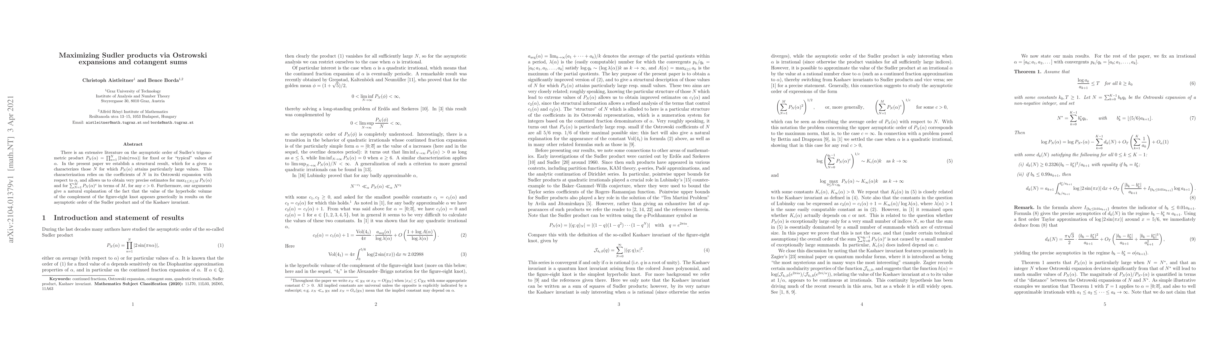 Thumbnail for Maximizing Sudler products via Ostrowski expansions and cotangent sums
