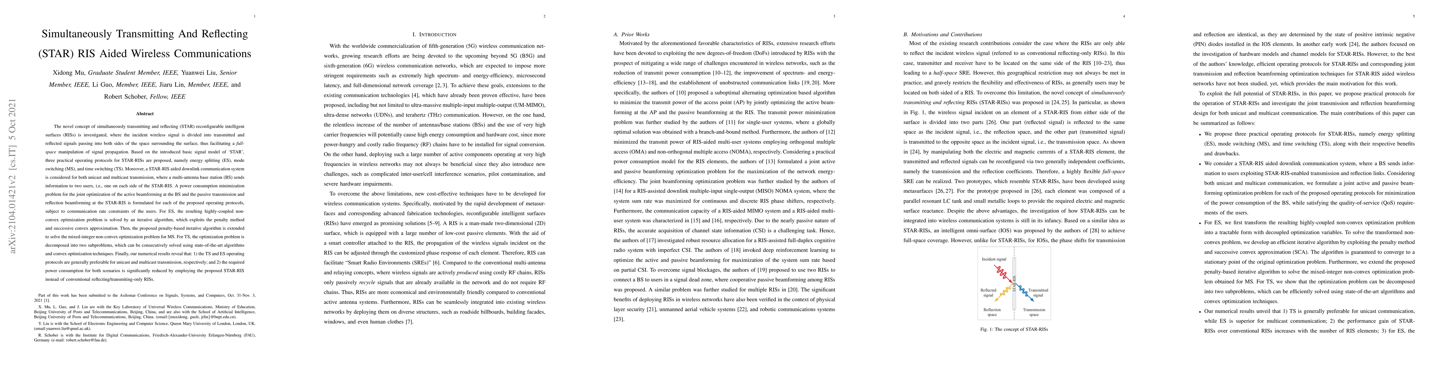 Thumbnail for Simultaneously Transmitting And Reflecting (STAR) RIS Aided Wireless
  Communications