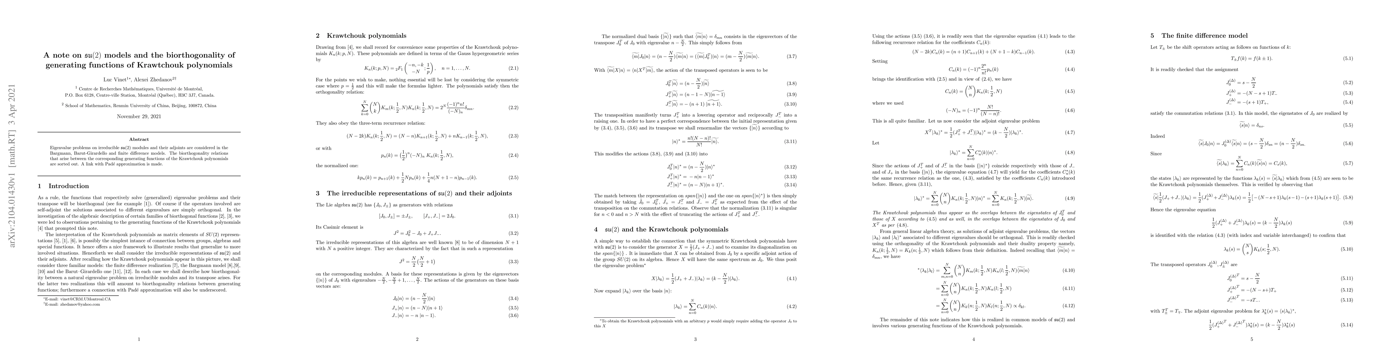 Thumbnail for A note on $\mathfrak{su}(2)$ models and the biorthogonality of
  generating functions of Krawtchouk polynomials