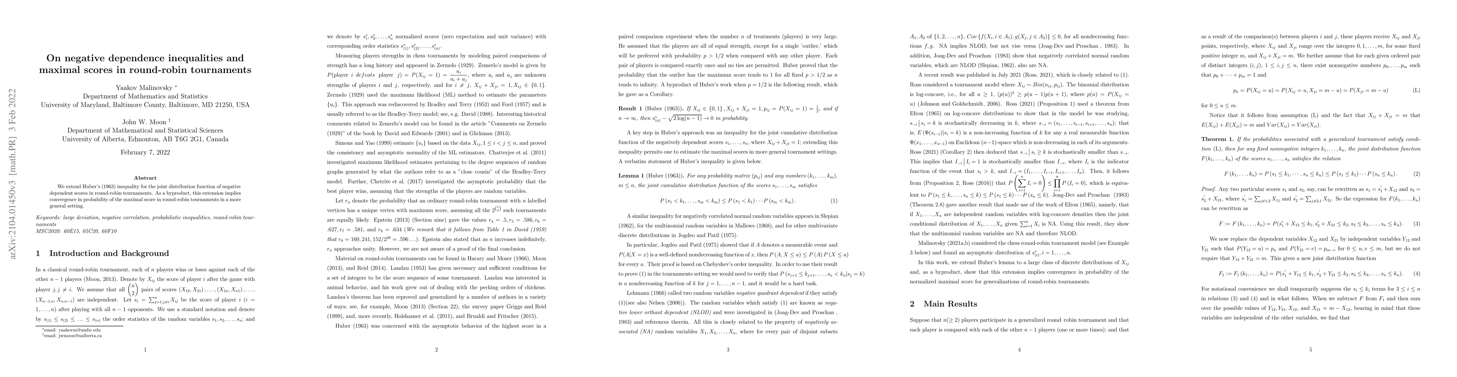 Thumbnail for On negative dependence inequalities and maximal scores in round-robin
  tournaments