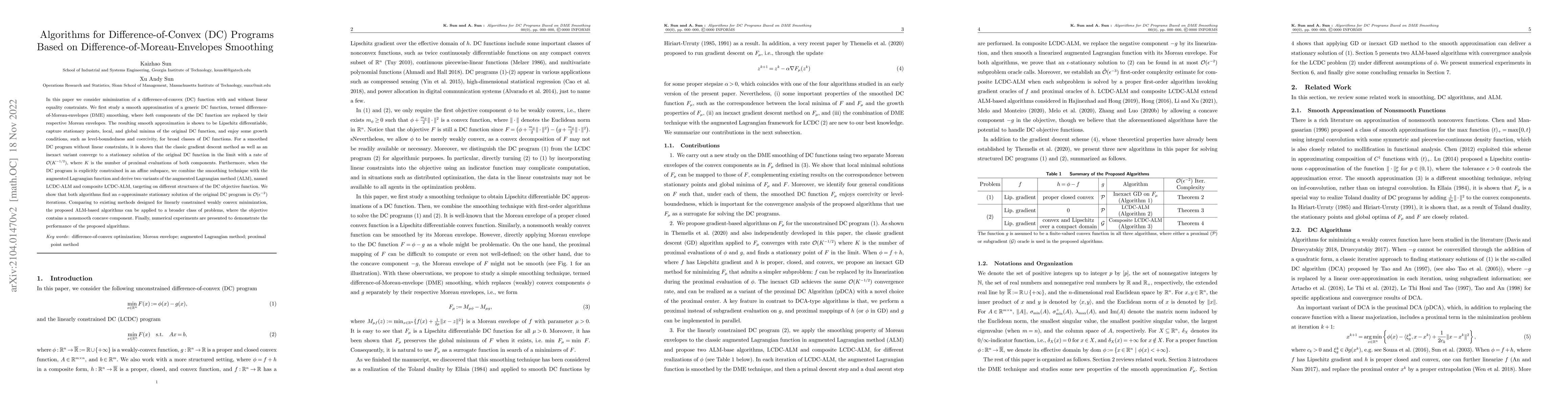 Thumbnail for Algorithms for Difference-of-Convex (DC) Programs Based on
  Difference-of-Moreau-Envelopes Smoothing
