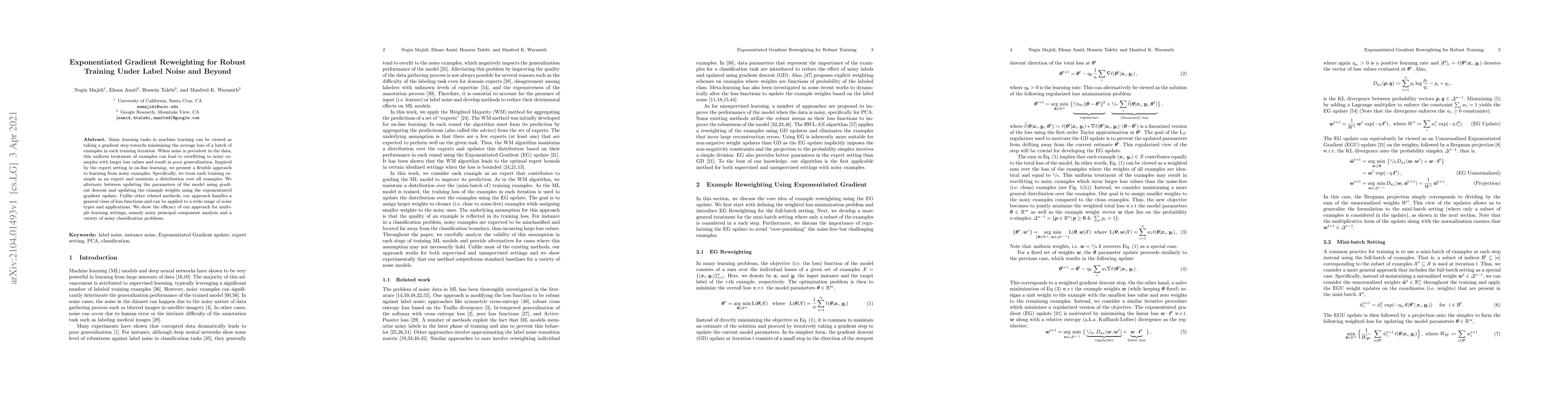 Thumbnail for Exponentiated Gradient Reweighting for Robust Training Under Label Noise
  and Beyond
