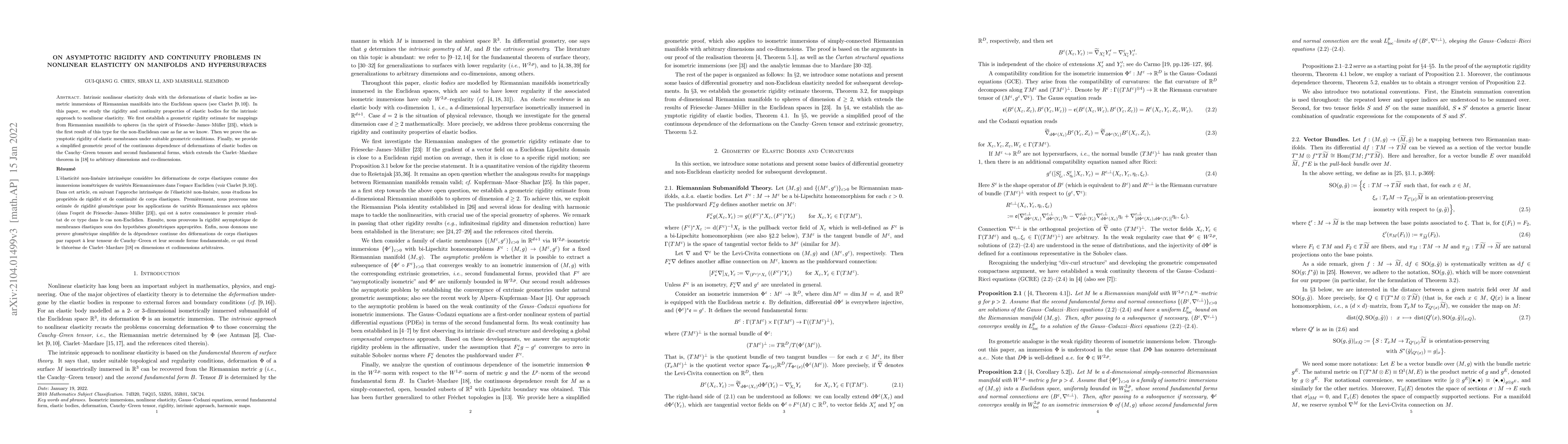 Thumbnail for On Asymptotic Rigidity and Continuity Problems in Nonlinear Elasticity
  on Manifolds and Hypersurfaces