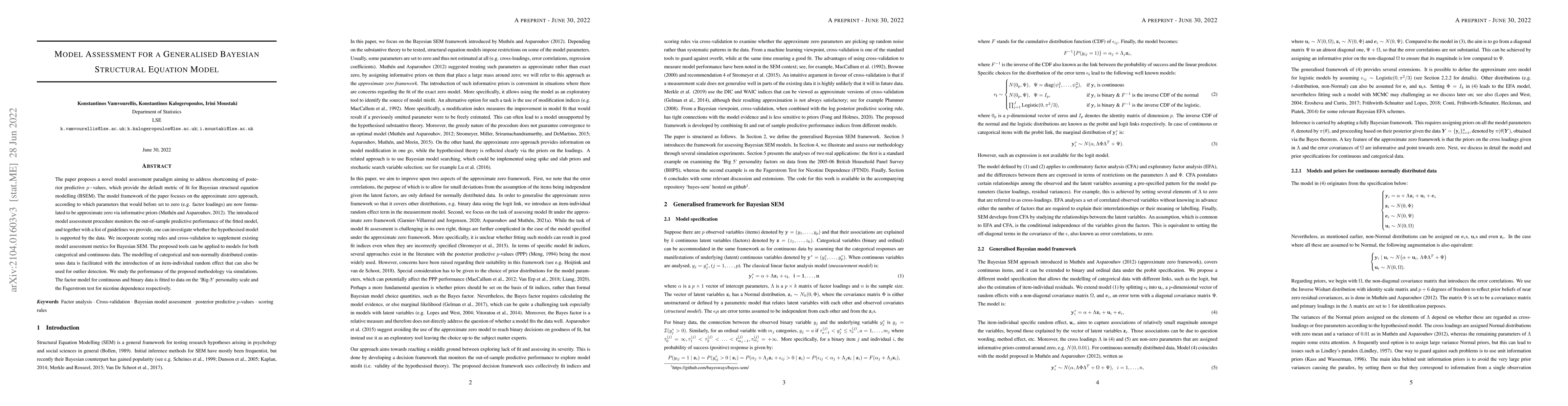 Thumbnail for Model Assessment for a Generalised Bayesian Structural Equation Model