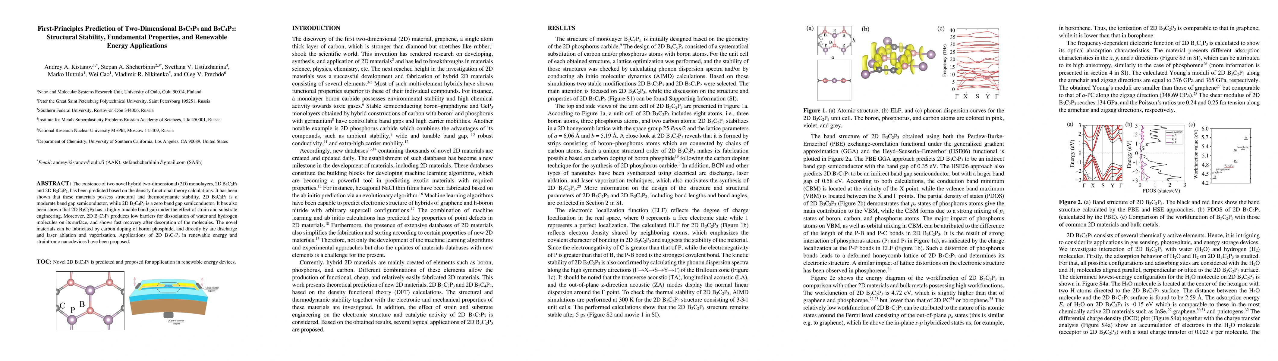 Thumbnail for First-Principles Prediction of Two-Dimensional B3C2P3 and B2C4P2:
  Structural Stability, Fundamental Properties, and Renewable Energy
  Applications
