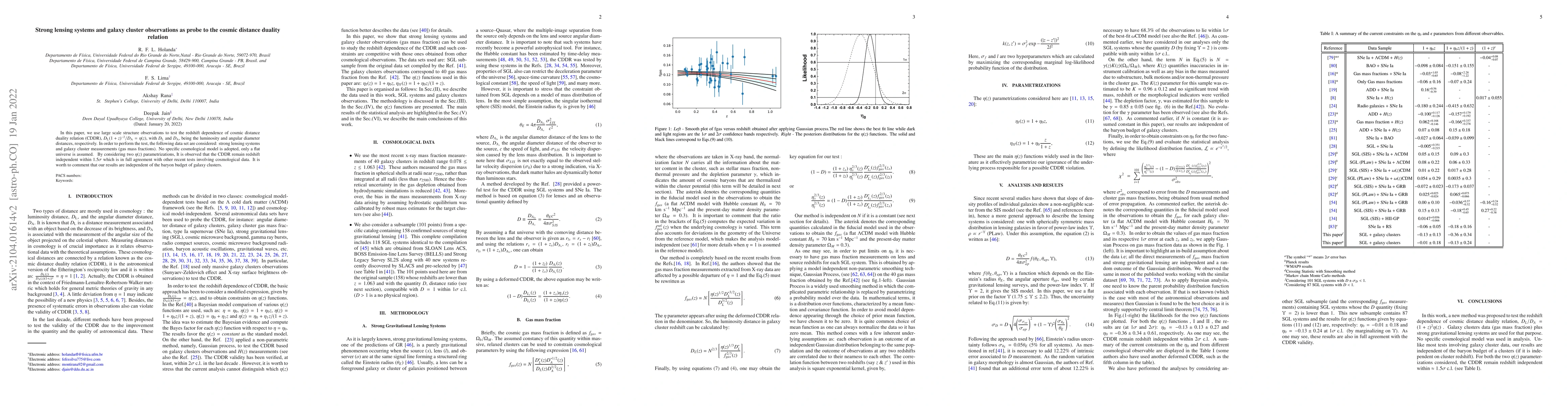 Thumbnail for Strong lensing systems and galaxy cluster observations as probe to the
  cosmic distance duality relation