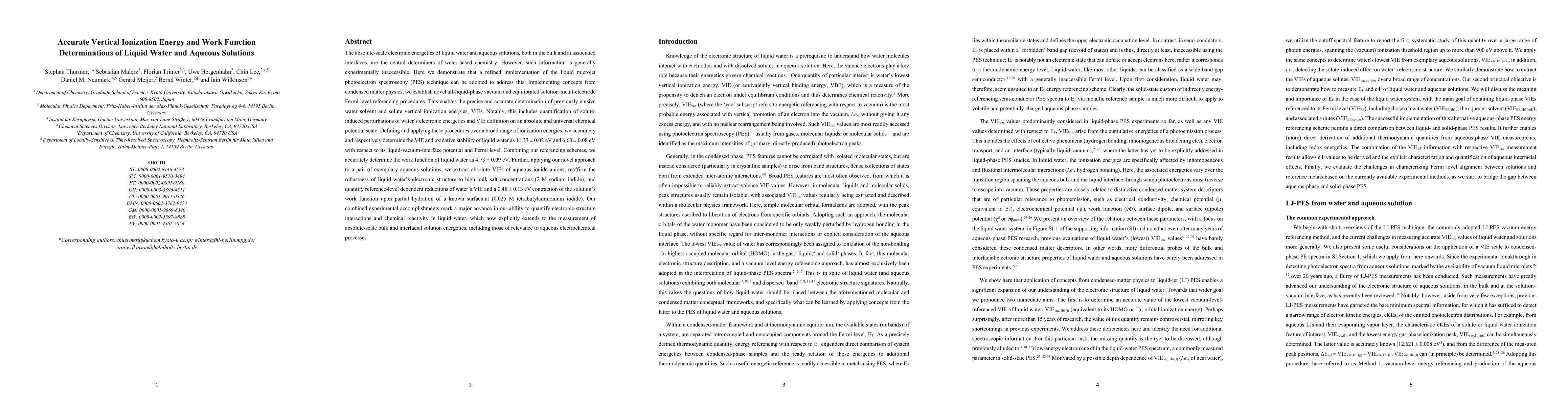 Thumbnail for Accurate Vertical Ionization Energy and Work Function Determinations of
  Liquid Water and Aqueous Solutions