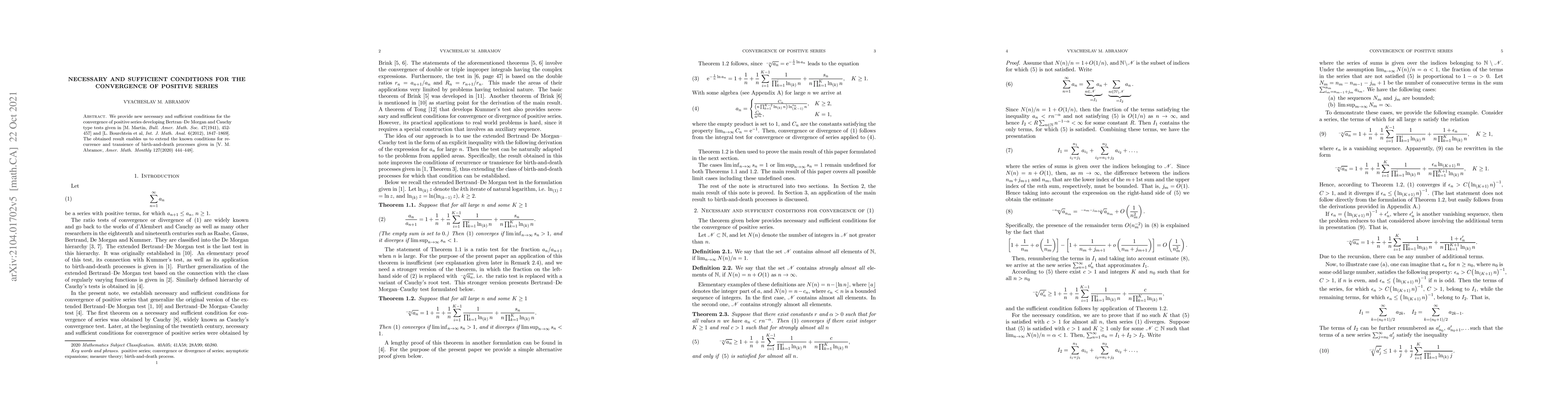 Thumbnail for Necessary and sufficient conditions for the convergence of positive
  series