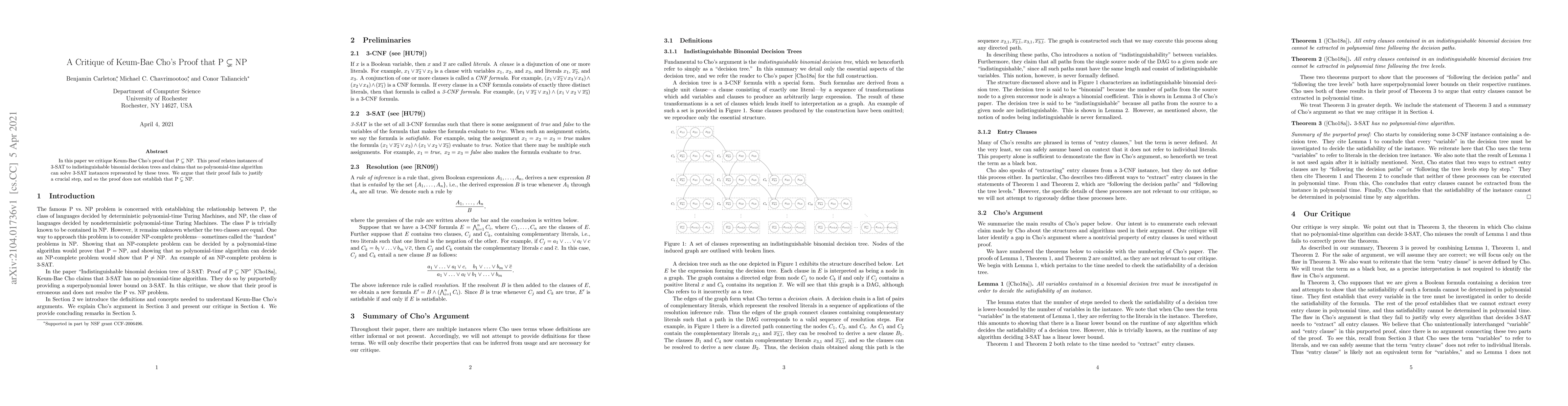 Thumbnail for A Critique of Keum-Bae Cho's Proof that $\mathrm{P} \subsetneq
  \mathrm{NP}$