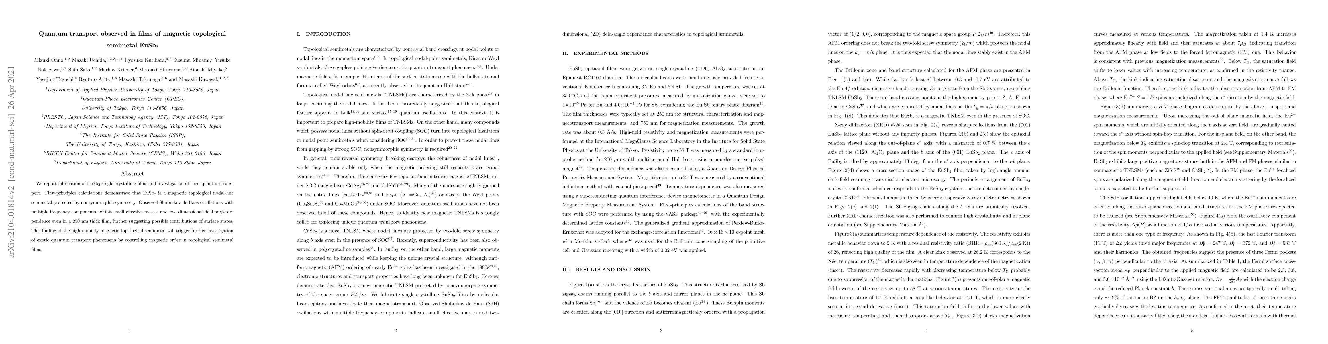 Thumbnail for Quantum transport observed in films of magnetic topological semimetal
  EuSb$_2$