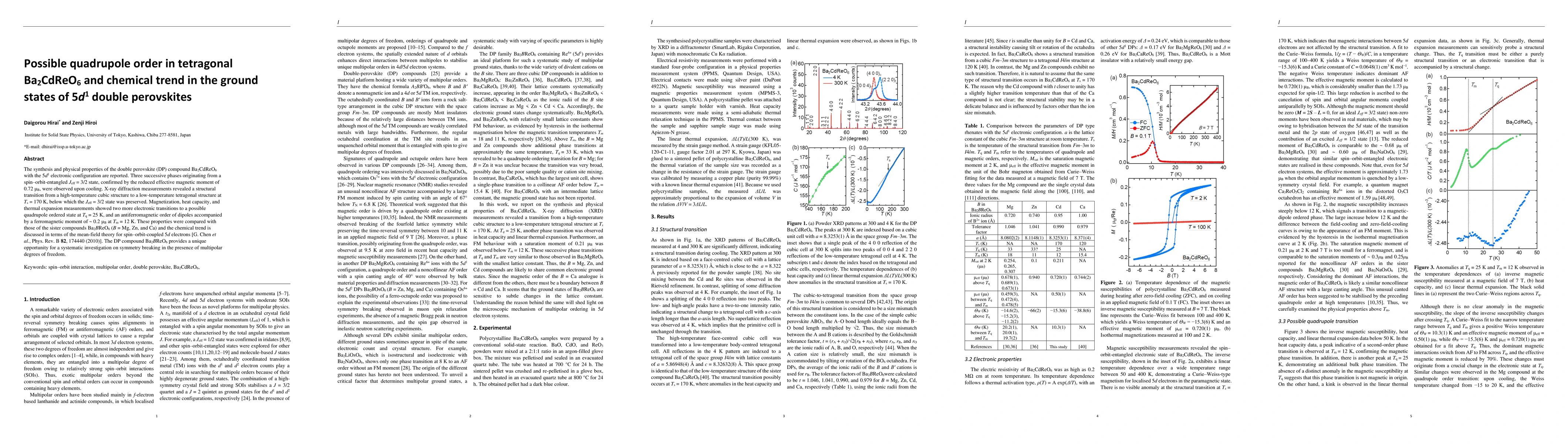 Thumbnail for Possible quadrupole order in tetragonal Ba2CdReO6 and chemical trend in
  the ground states of 5d1 double perovskites