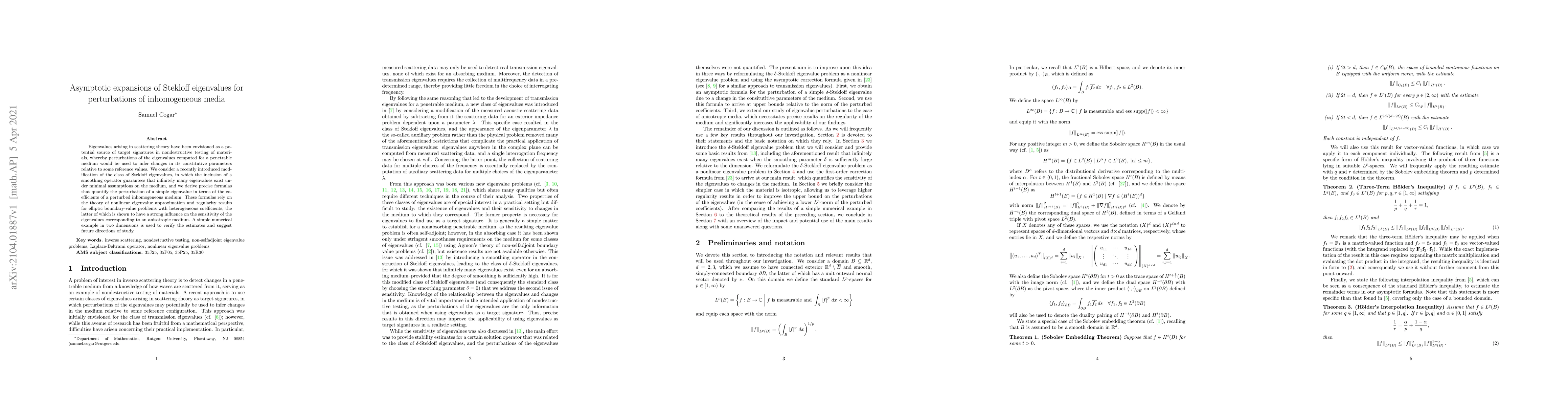 Thumbnail for Asymptotic expansions of Stekloff eigenvalues for perturbations of
  inhomogeneous media