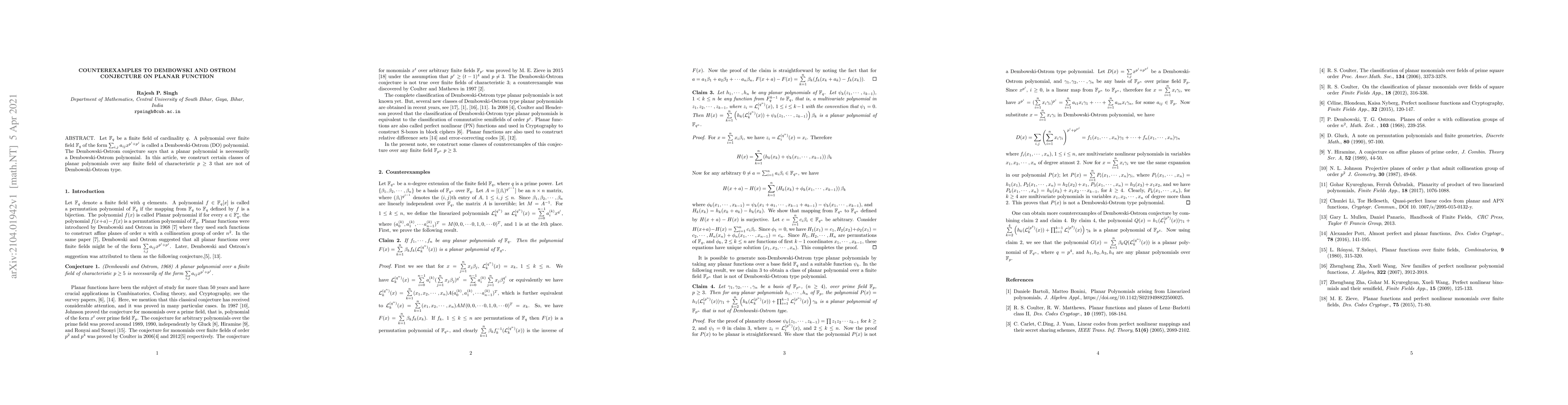 Thumbnail for Counterexamples to Dembowski and Ostrom conjecture on Planar function