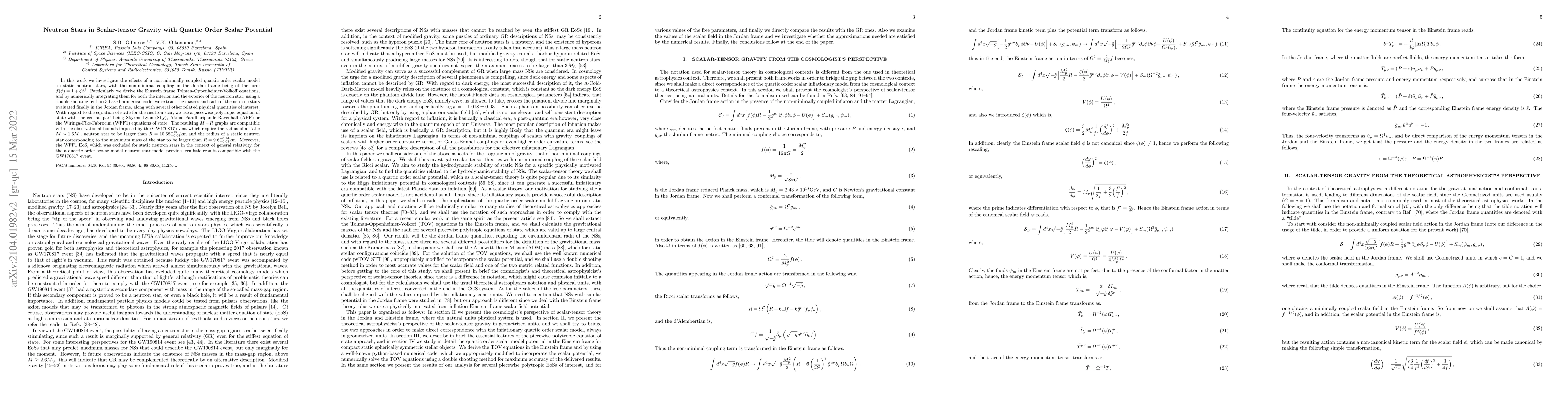 Thumbnail for Neutron Stars in Scalar-tensor Gravity with Quartic Order Scalar
  Potential