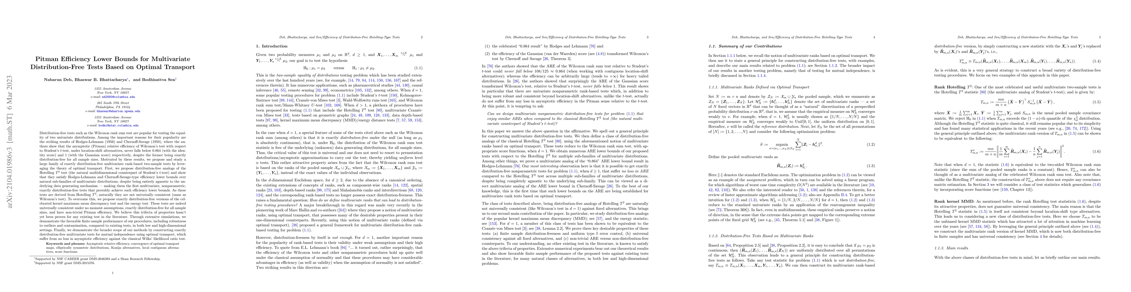 Thumbnail for Pitman Efficiency Lower Bounds for Multivariate Distribution-Free Tests
  Based on Optimal Transport