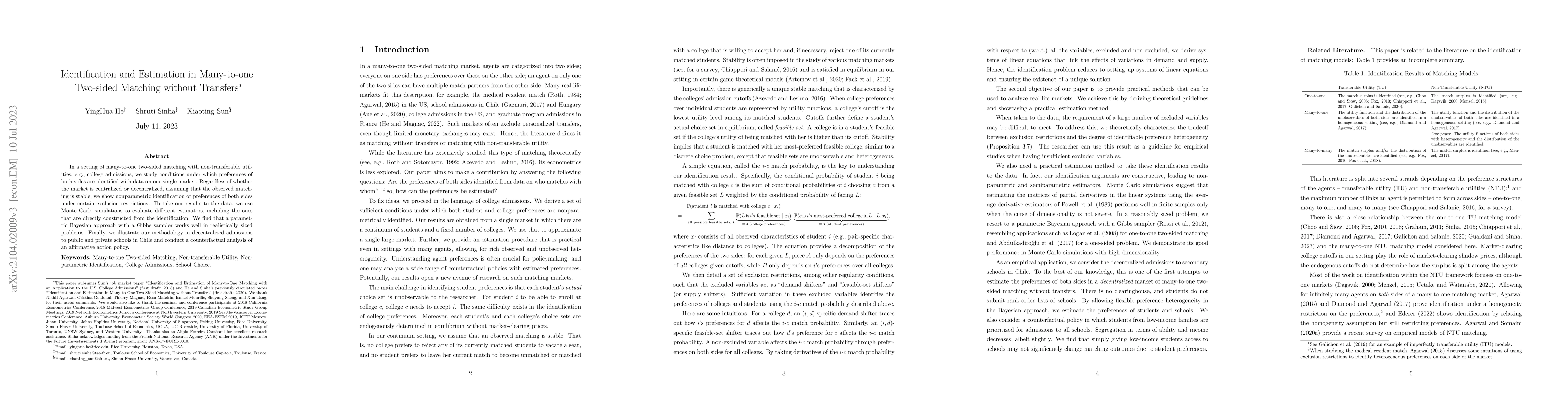 Thumbnail for Identification and Estimation in Many-to-one Two-sided Matching without
  Transfers