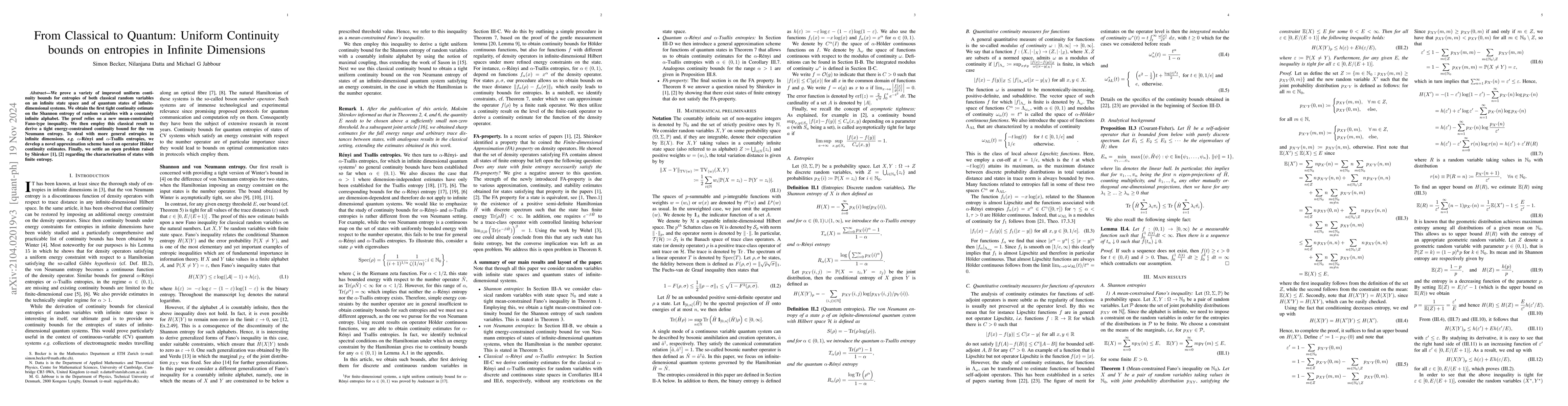 Thumbnail for From Classical to Quantum: Uniform Continuity Bounds on Entropies in
  Infinite Dimensions