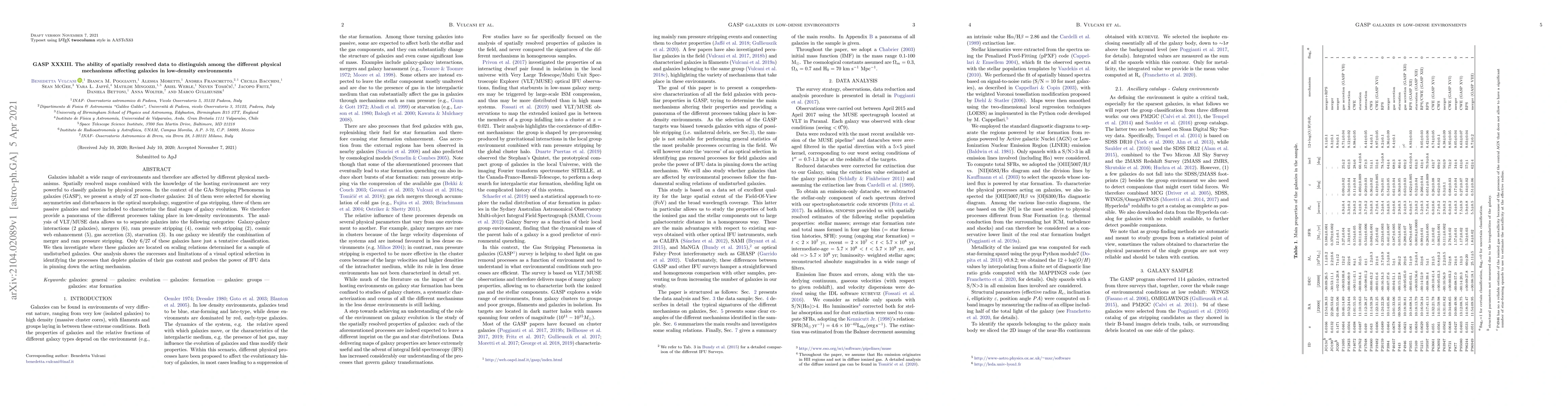 Thumbnail for GASP XXXIII. The ability of spatially resolved data to distinguish among
  the different physical mechanisms affecting galaxies in low-density
  environments