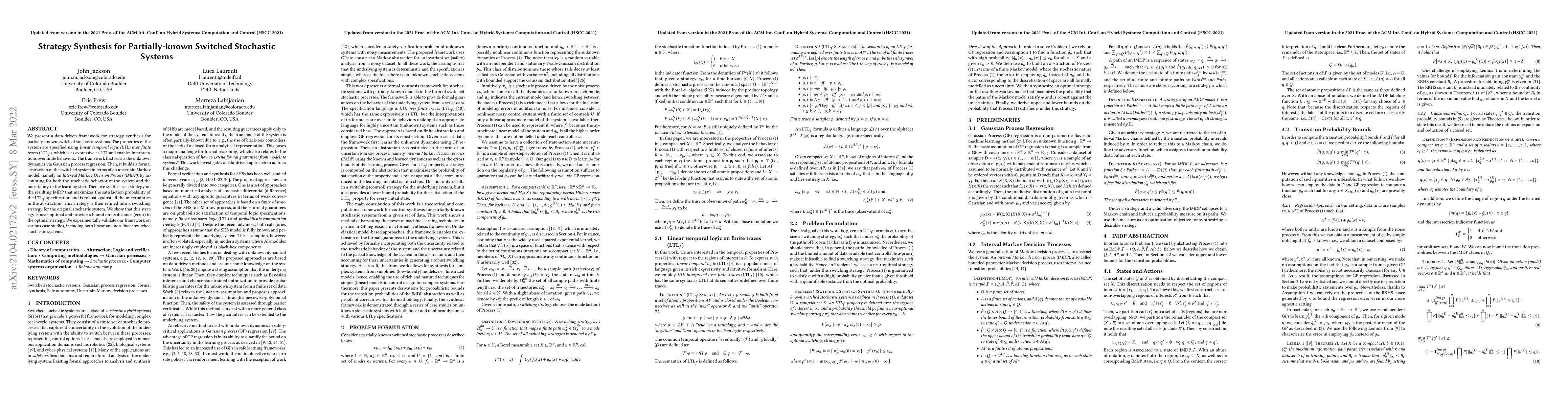 Thumbnail for Strategy Synthesis for Partially-known Switched Stochastic Systems