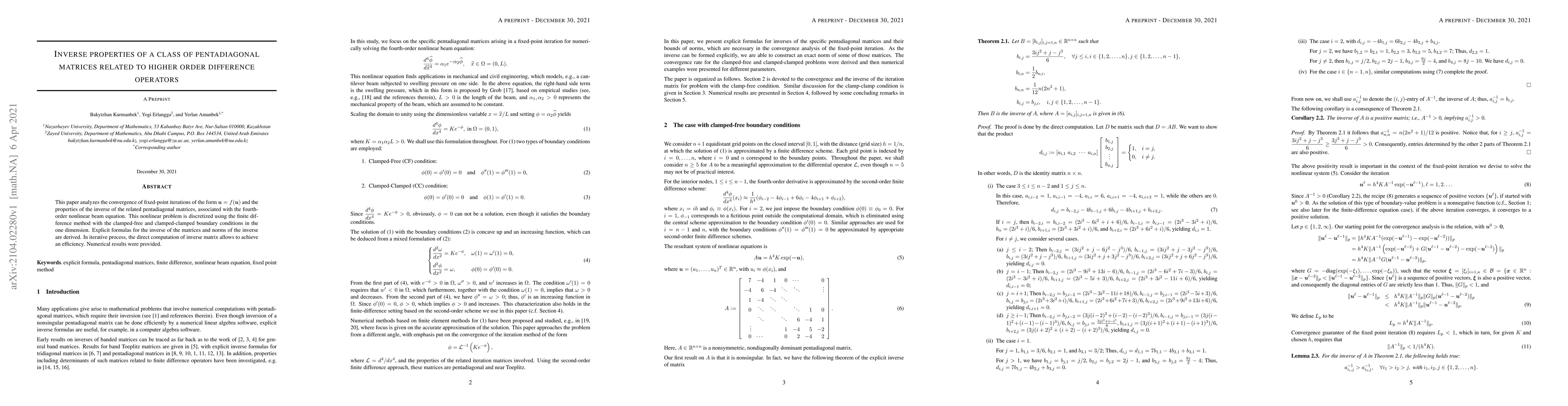 Thumbnail for Inverse properties of a class of pentadiagonal matrices related to
  higher order difference operators