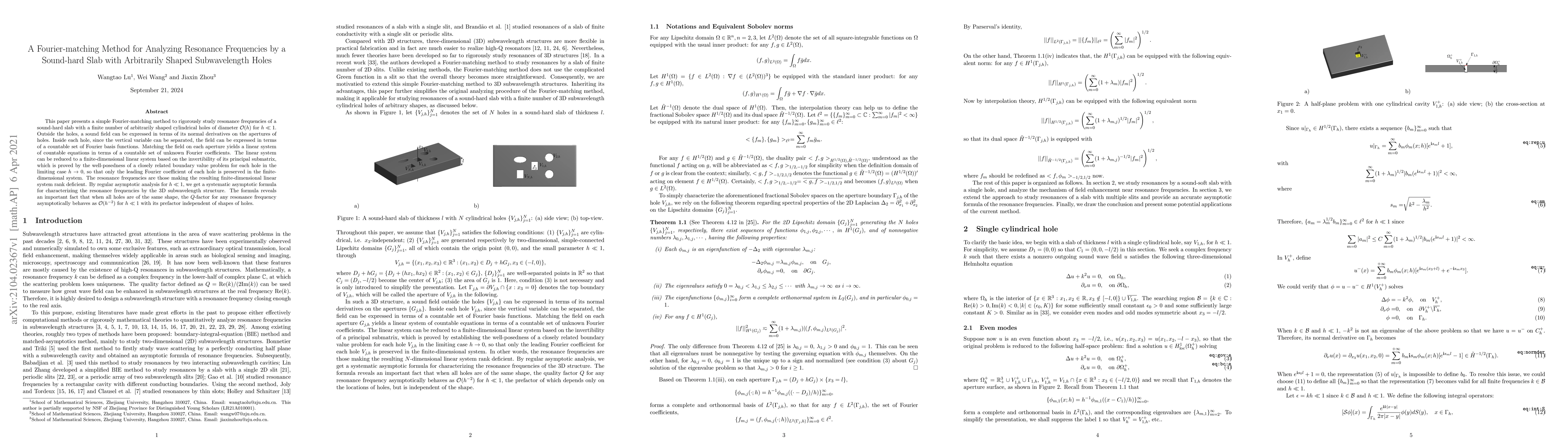 Thumbnail for A Fourier-matching Method for Analyzing Resonance Frequencies by a
  Sound-hard Slab with Arbitrarily Shaped Subwavelength Holes