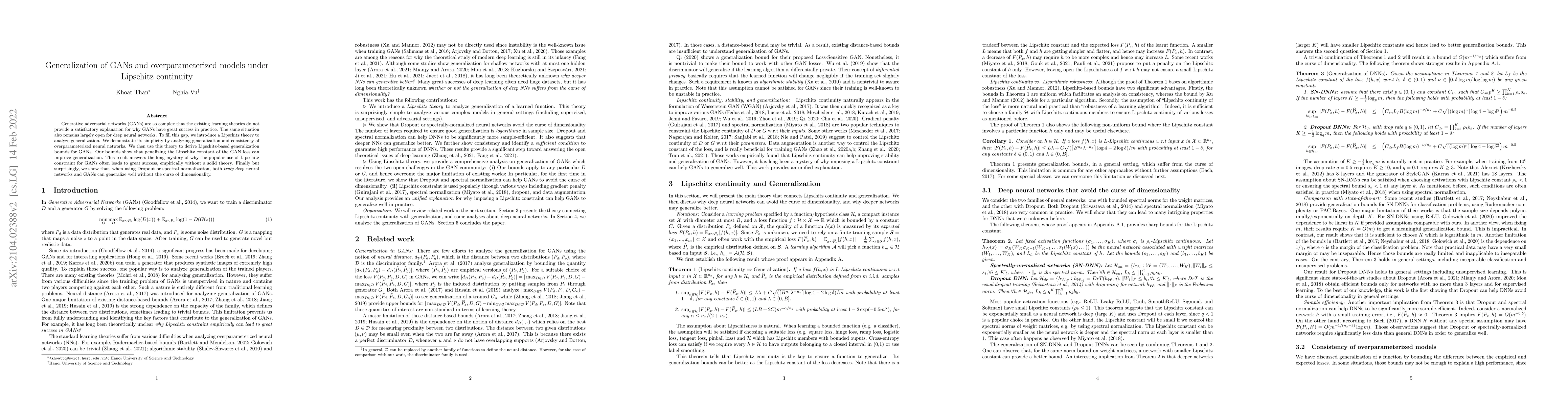 Thumbnail for Generalization of GANs and overparameterized models under Lipschitz
  continuity