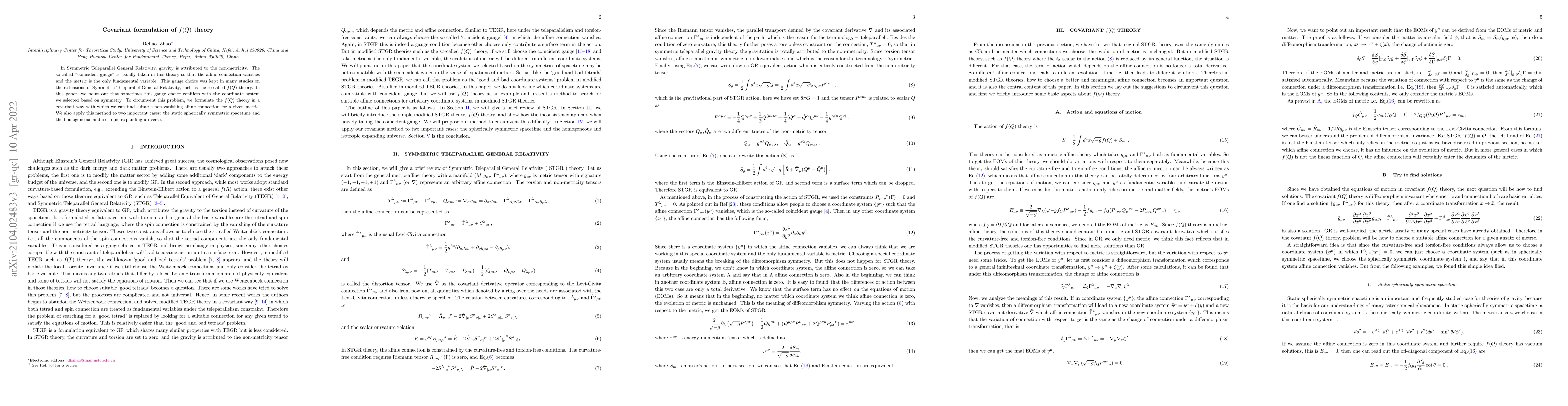 Thumbnail for Covariant formulation of f(Q) theory