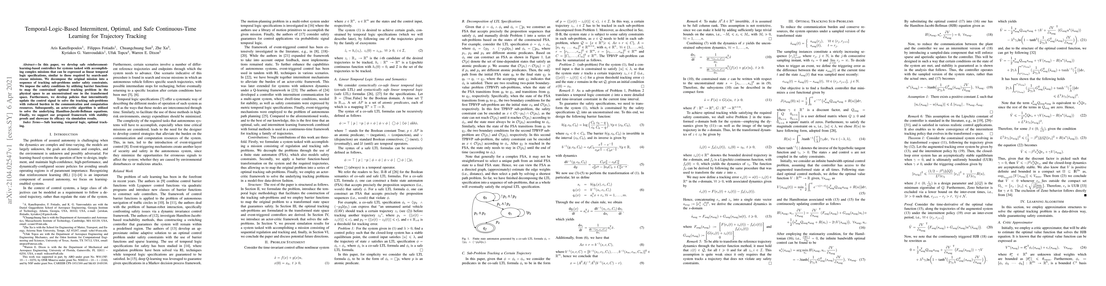 Thumbnail for Temporal-Logic-Based Intermittent, Optimal, and Safe Continuous-Time
  Learning for Trajectory Tracking