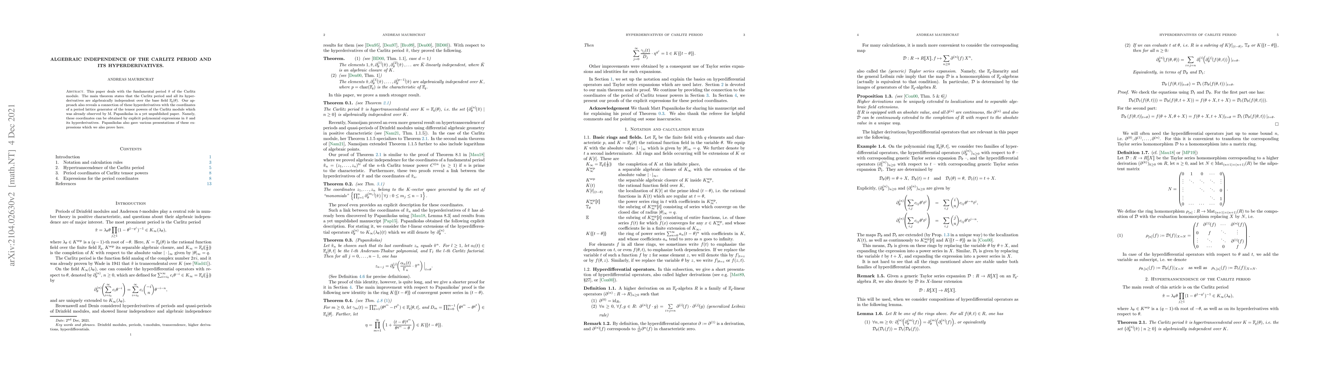 Thumbnail for Algebraic independence of the Carlitz period and its hyperderivatives