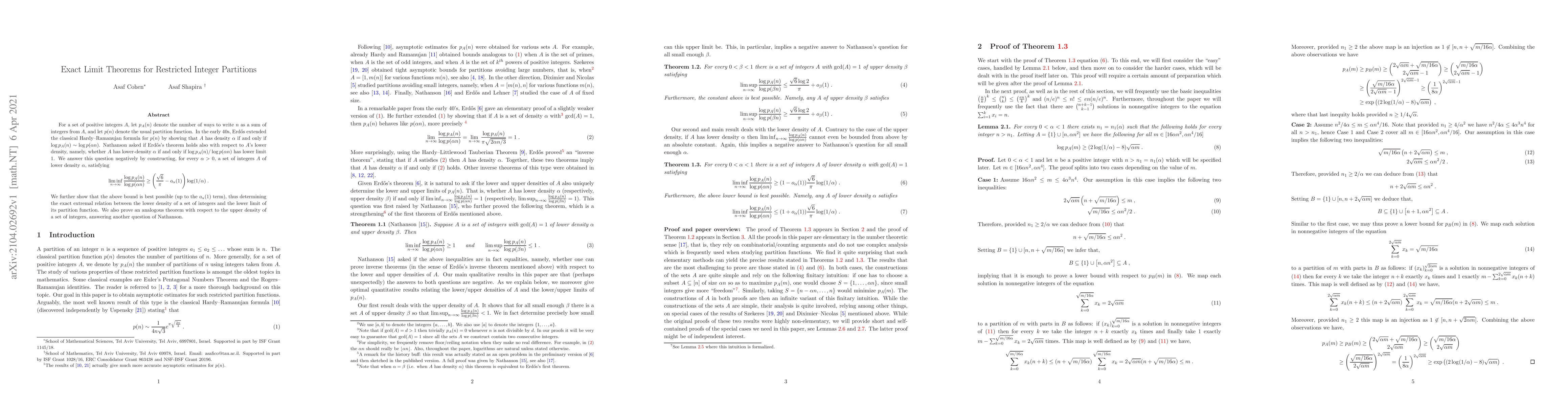 Thumbnail for Exact Limit Theorems for Restricted Integer Partitions