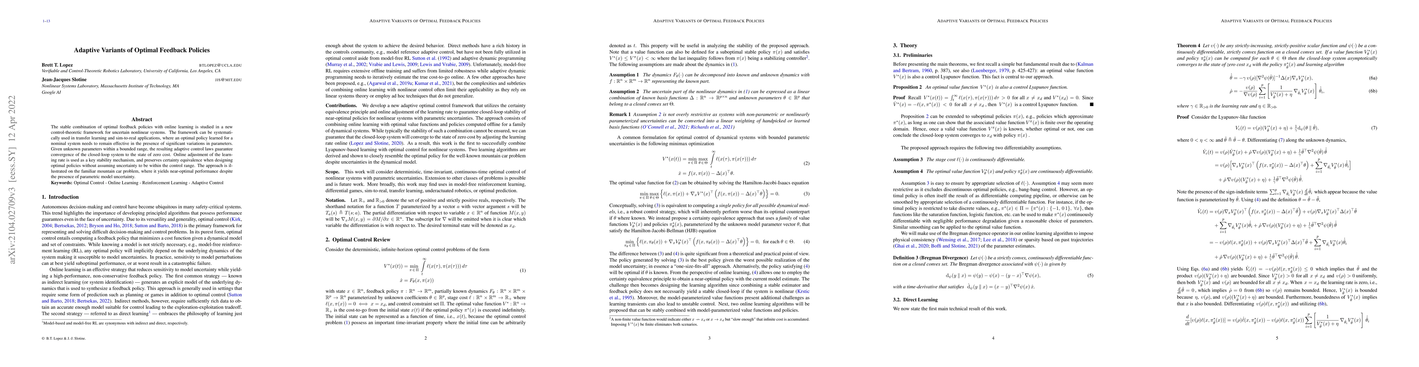 Thumbnail for Adaptive Variants of Optimal Feedback Policies