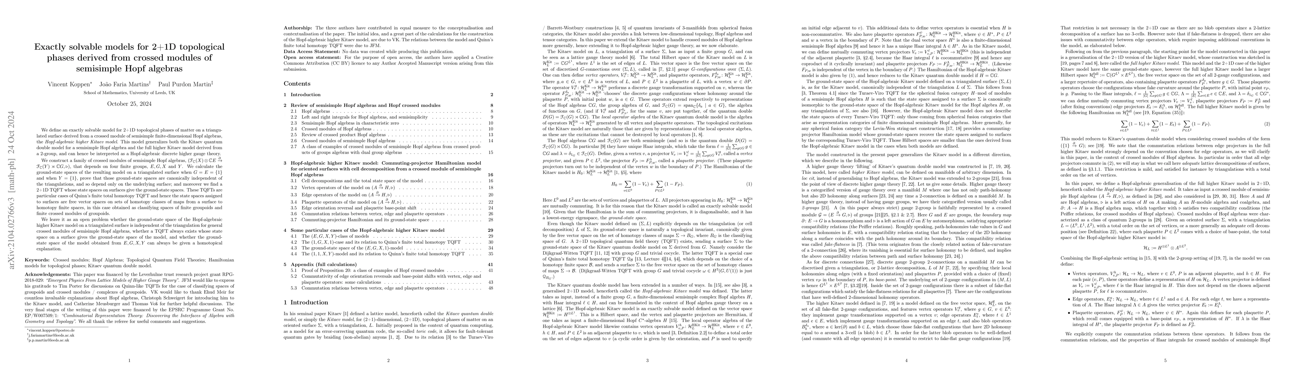 Thumbnail for Exactly solvable models for 2+1D topological phases derived from crossed
  modules of semisimple Hopf algebras