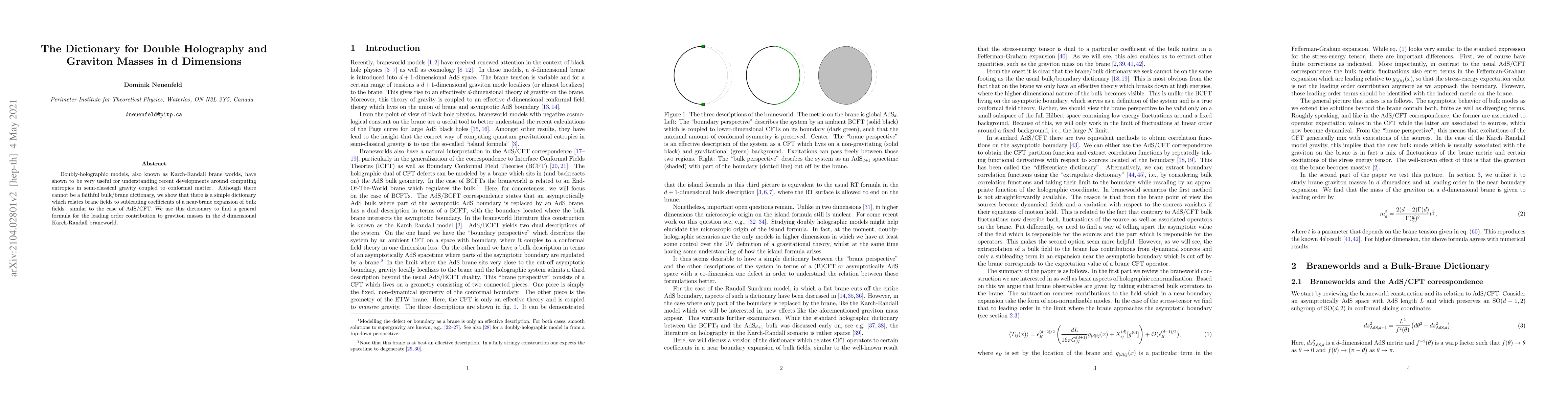 Thumbnail for The Dictionary for Double Holography and Graviton Masses in d Dimensions