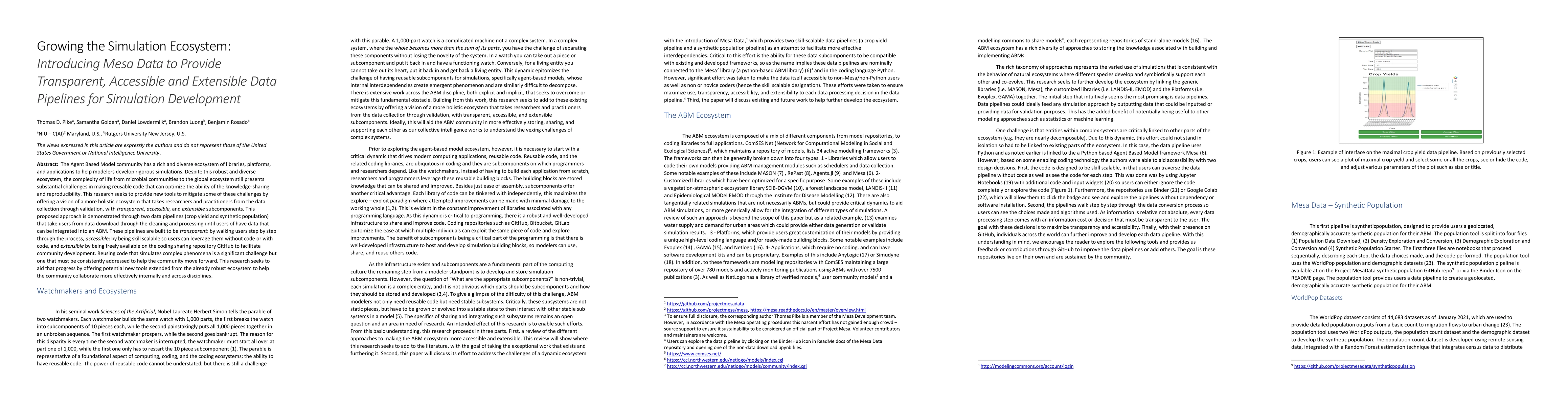 Thumbnail for Growing the Simulation Ecosystem: Introducing Mesa Data to Provide
  Transparent, Accessible and Extensible Data Pipelines for Simulation
  Development