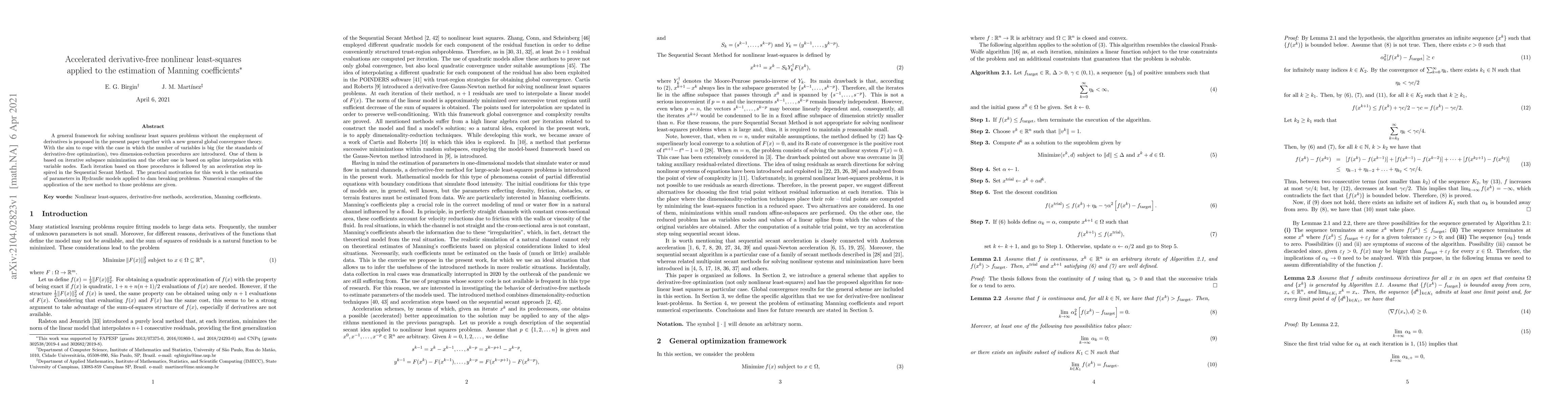 Thumbnail for Accelerated derivative-free nonlinear least-squares applied to the
  estimation of Manning coefficients
